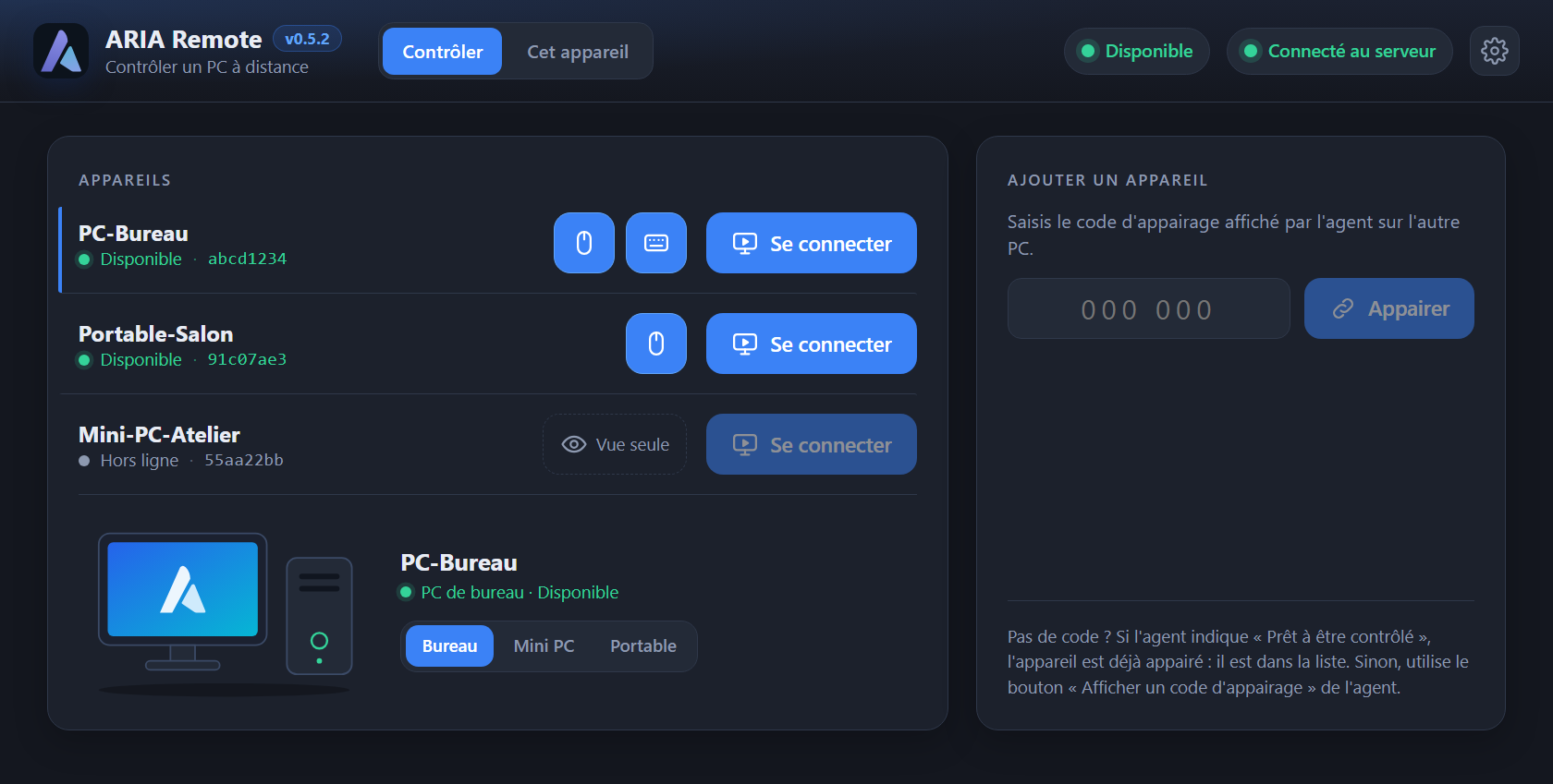 L'application ARIA Remote : la liste des appareils (PC-Bureau et Portable-Salon disponibles, Mini-PC-Atelier hors ligne), les onglets Contrôler et Cet appareil, et le champ pour saisir un code d'appairage.
